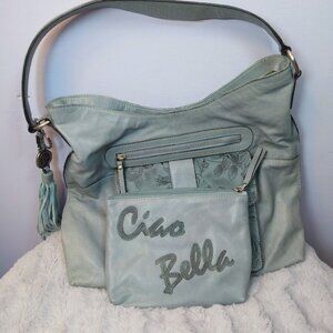Firenze Bella Tooled Leather Hobo Shoulder Bag Blue w/Pouch Tassel Floral *FLAW*